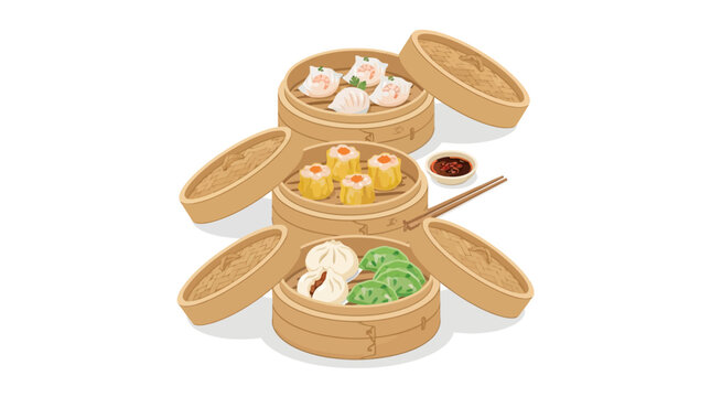 Delicious Dim Sum Steamers with Asian Dumplings and Bao Buns Illustration
