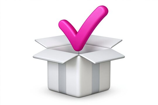 Pink check mark inside open white gift box symbol 3d rendering icon