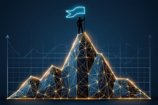 Businessman holding neon flag on mountain peak with data chart background