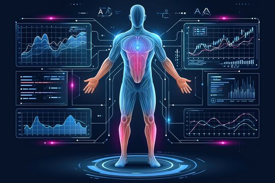 Human body anatomy with futuristic digital medical graphs and charts