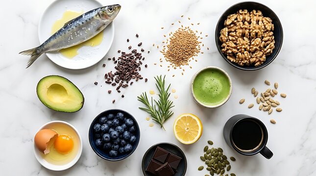 Healthy food flat lay arrangement featuring fish walnut green tea avocado egg blueberry lemon dark chocolate rosemary and seeds on white marble background for balanced diet lifestyle photography