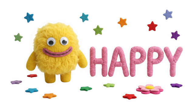Yellow fuzzy monster toy with googly eyes and the word happy made of yarn isolated on transparent background