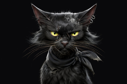 Black cat zombie portrait with stitched forehead scars and torn red bandana, Halloween costume on black background