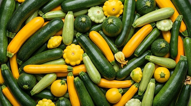 Top view of vibrant mix of fresh zucchini squash and pattypan squash arranged in dense pattern on dark background showcasing variety of summer garden vegetables for healthy cooking concept
