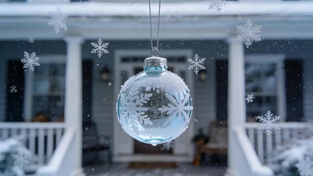 Hanging clear glass ornament bobbing on porch, snowfall beginning and droplet dangling showing cold