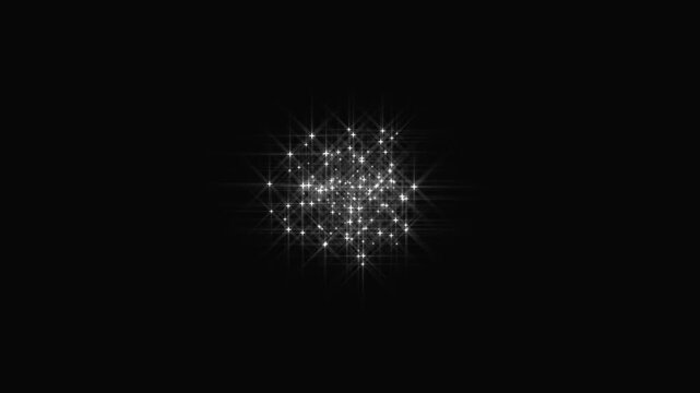 Shimmering white star particles creating a glowing magic orb, sparkling fairy dust and glittering light flares, luminous twinkle burst animation, abstract 2d particle overlay on black screen, 4k video