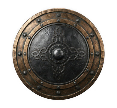 Round medieval shield with metallic rivets and ornate central emblem isolated on transparent background