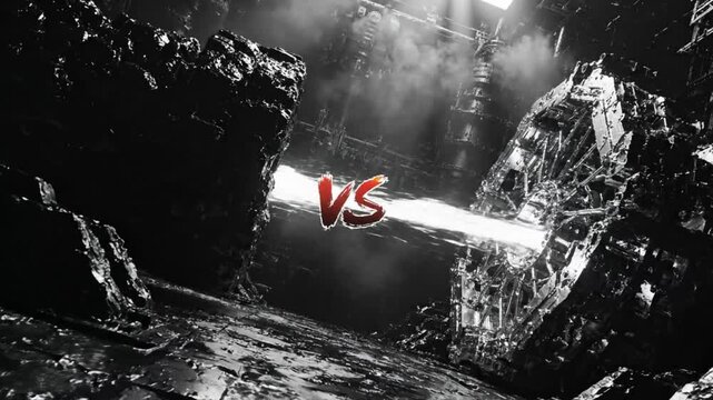 Epic and Dramatic Scene with the Words VS in Red and White Displayed in a Dark Industrial Environment