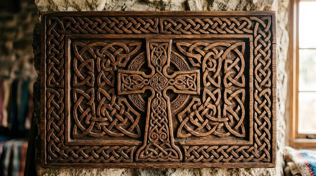 Carved wooden panel showcasing intricate Celtic cross with elaborate knotwork border, warm directional lighting highlighting detailed craftsmanship and traditional Irish heritage artistry