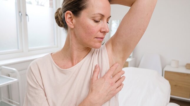 Woman checking for underarm hair in a bright indoor setting  