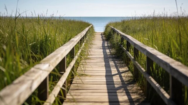 Leading wooden boardwalk with railings guiding eye toward shoreline, sunlight shifting shadows