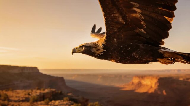 Soaring adult eagle gliding across wide canyon at low sun, camera tracking, navigating ahead