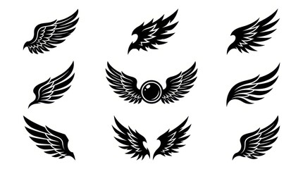 Naklejka premium Collection of Black Wing Silhouettes and Heraldic Emblems for Logo Design and Tattoo Art Isolated on White Background
