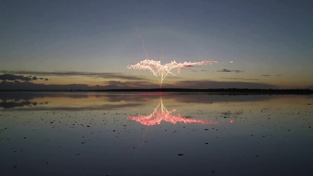 Appearing bright ring above horizon forming halo and sending arcs to shallow water, reflecting