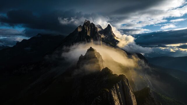Sun breaking through clouds illuminating jagged mountain ridge from aerial view, wind driving fog