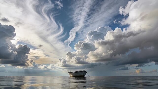Moving clouds casting sun rays, small moored boat gently bobbing on calm sea, anchor rope trailing