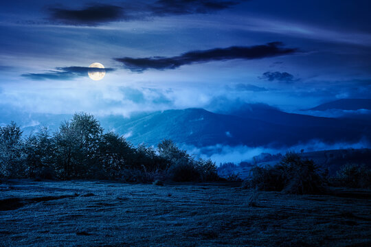 carpathian mountain landscape with fog at night. outdoor adventure image for stunning view of meadow. full moon over mountain field and rolling countryside valley. dark sky for mysterious fantasy
