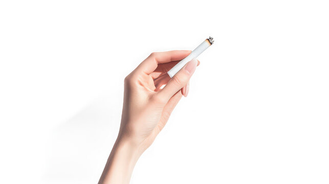 A woman holding a burning cigarette between her fingers on white background