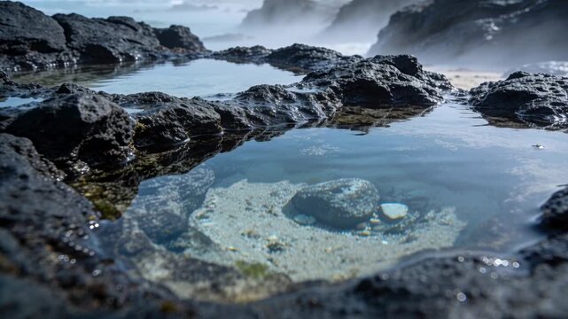 Pulling camera back revealing tide pool on volcanic rocks, exposing ocean mist, dark rock, pebble