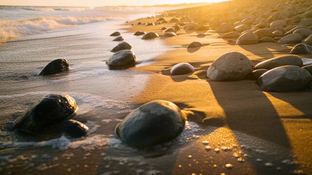 Surging incoming wave pushing foam around rocks on shoreline, receding and exposing reflective sand