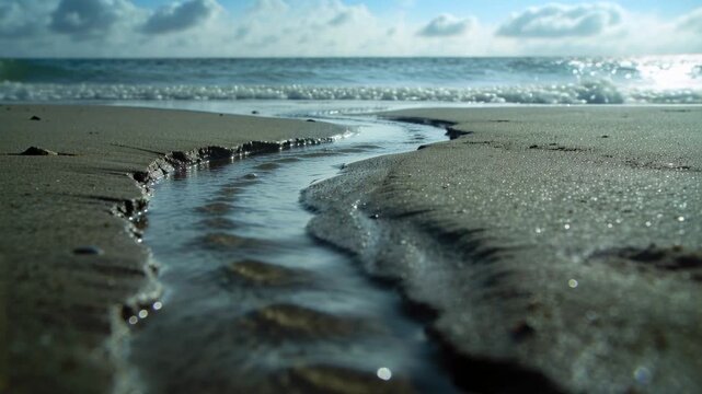 Flowing narrow sea rivulet, triggered by ebb tide, moving seaward across wet sand with bubbles