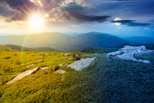 Carpathian mountain landscape on summer solstice. scenic view of Transcarpathia region from the mnt. Smooth. alpine blueberry field with rock on the Polonyna Runa hill at twilight