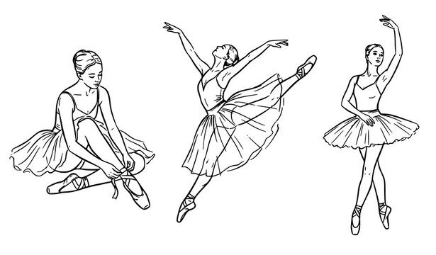 Minimal black ballerina hand drawn line art set with ballet poses and elegant dancer sketches