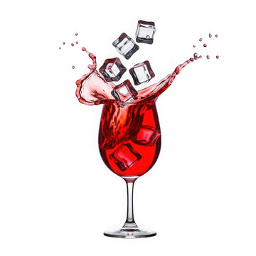 Red cocktail splash with ice cubes in glass isolated on white background