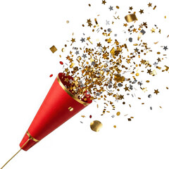 Naklejka premium Red party popper exploding with gold and silver confetti isolated on transparent background