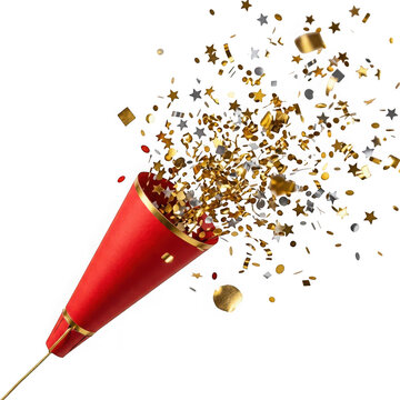 Red party popper exploding with gold and silver confetti isolated on transparent background