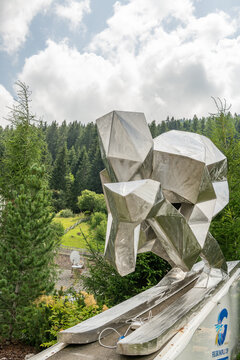 14 July 2026, Ortisei, Italy. Geometric metal alpine skier sculpture promoting FIS Ski World Cup 2026 and FIS Alpine World Ski Championships 2031 in Val Gardena