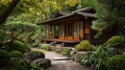 Fototapeta premium Wooden house with sliding glass doors surrounded by a lush garden with home