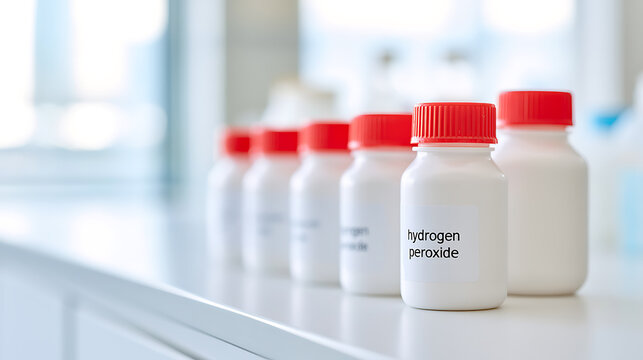 A row of white plastic bottles with red caps containing hydrogen peroxide liquid chemical compound arranged neatly on a laboratory shelf inside a lab