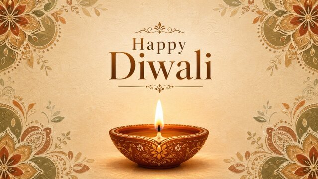 Elegant happy diwali greeting card design featuring a glowing traditional oil lamp with intricate floral patterns on beige background