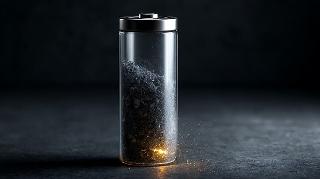 474. A conceptual metaphor for Emotional Exhaustion. A human battery depicted as a clear glass cylinder filled with dull gray ash, with only a single, tiny spark of gold lingering at the very 