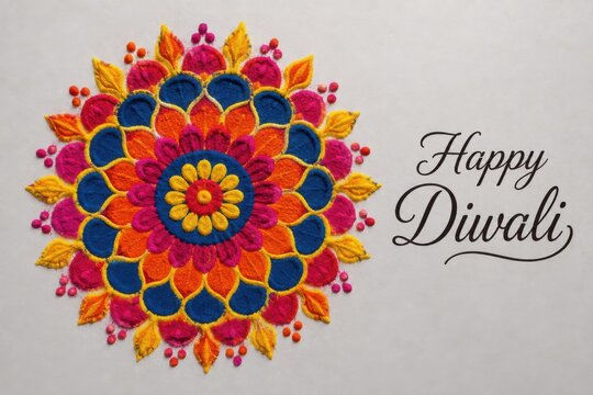 Colorful circular rangoli pattern with vibrant floral motifs and elegant calligraphy greeting for the hindu festival of diwali celebration