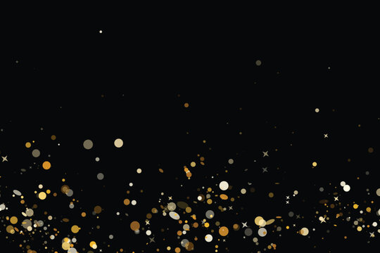 Golden confetti, circles and sparkling stars scattered across a black background with copy space, ideal for celebration banners, party invitations, New Year designs, luxury advertising, greeting cards