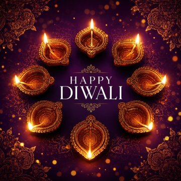 Beautiful decorative diya lamps arranged in a circle on a dark purple background for the hindu festival of diwali