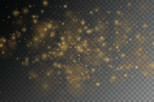 Golden glowing bokeh lights and soft luminous particles on a black background, ideal for luxury advertising, festive banners, Christmas and New Year designs, invitations, presentations and elegant cel