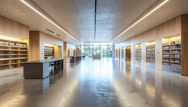 Modern corporate archive library with wooden shelving and minimalist office interior