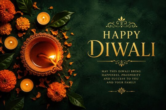 Elegant happy diwali greeting card featuring glowing traditional oil lamps and vibrant marigold flowers on a dark green background