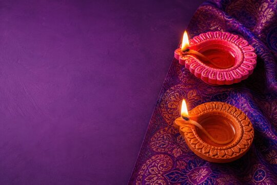 Two traditional clay oil lamps glowing on a vibrant purple fabric background for the hindu festival of diwali celebration