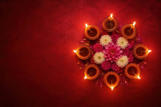 Top view of traditional clay oil lamps arranged in a circle with flowers for the indian festival of diwali