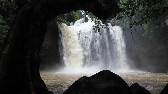 The beautiful nature backdrop of the Haew Narok waterfall in Khao Yai National Park is a stunning feature of the forest and a popular destination for tourists.