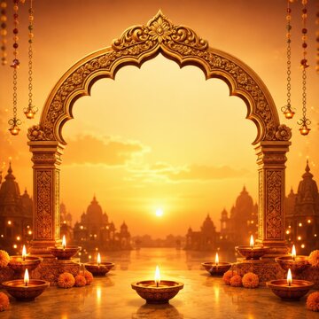 Beautiful decorative archway with glowing oil lamps at sunset creating a festive atmosphere for traditional indian cultural celebrations