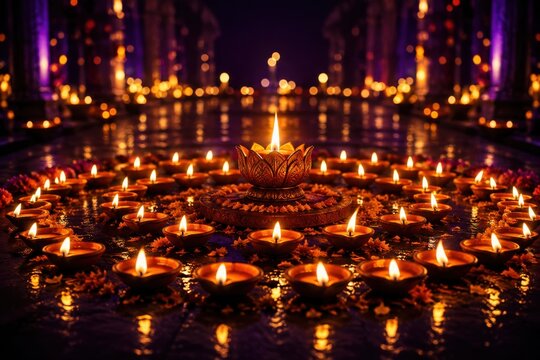 Many small burning oil lamps arranged in a circular pattern on the ground during a traditional indian religious festival