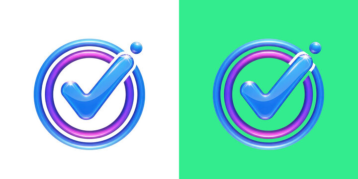 A glossy 3D checkmark icon set against black and light green backgrounds