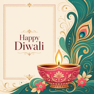 Elegant happy diwali greeting card design featuring a traditional glowing oil lamp with peacock feather motifs and floral decorations