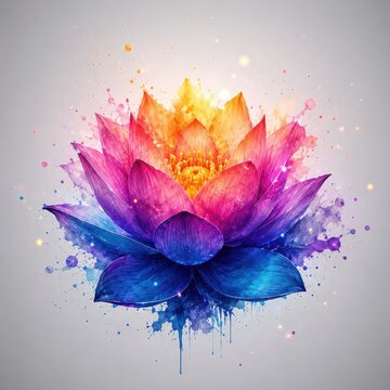 A vibrant artistic watercolor painting of a beautiful lotus flower blooming with rainbow colors on a soft neutral background