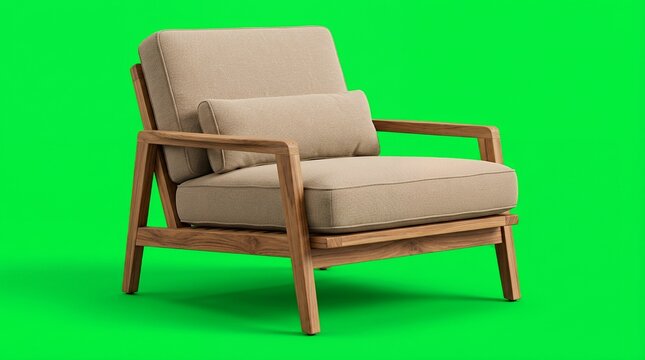Modern Wooden Armchair with Beige Cushion on Green Screen